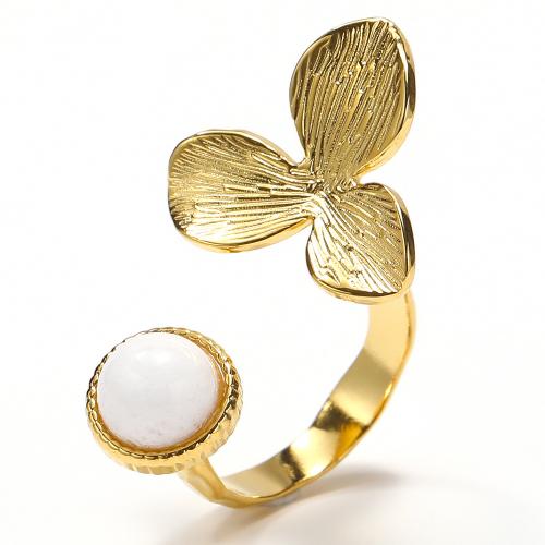 Титан Сталь палец кольцо, титан, с Полудрагоценный камень, Форма цветка, ювелирные изделия моды & Женский, золотой, продается PC