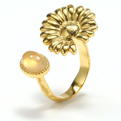 Titanium Steel Finger Ring, with Gemstone, Flower, gold color plated, fashion jewelry & for woman 