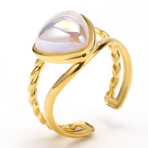 Titanium Steel Finger Ring, with Plastic Pearl, Heart, gold color plated, fashion jewelry & for woman & hollow 