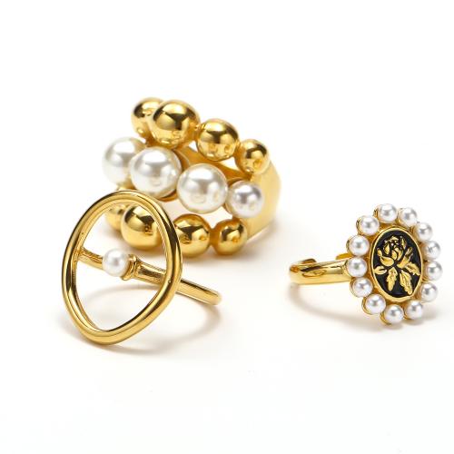 Titanium Steel Finger Ring, with Plastic Pearl, gold color plated  & for woman 