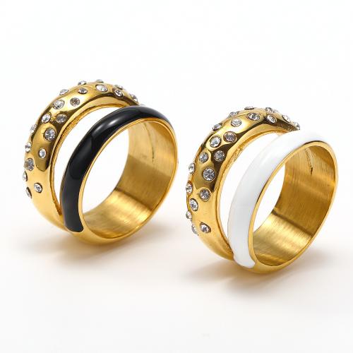 Titanium Steel Finger Ring, with enamel, 18K gold plated, Double Layer & for woman & with rhinestone 
