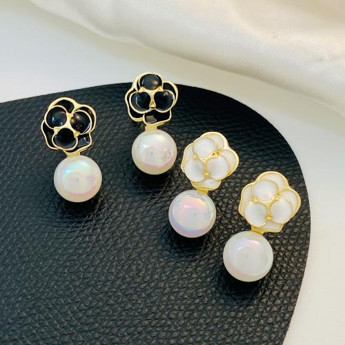 Enamel Zinc Alloy Stud Earring, with Plastic Pearl, Flower, 14K gold plated, fashion jewelry & for woman 