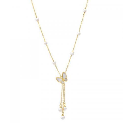 Titan Schmuck Halskette, Titanstahl, mit Weiße Muschel & Kunststoff Perlen, mit Verlängerungskettchen von 5cm, Modeschmuck & für Frau, Goldfarbe, Länge:ca. 39 cm, verkauft von PC
