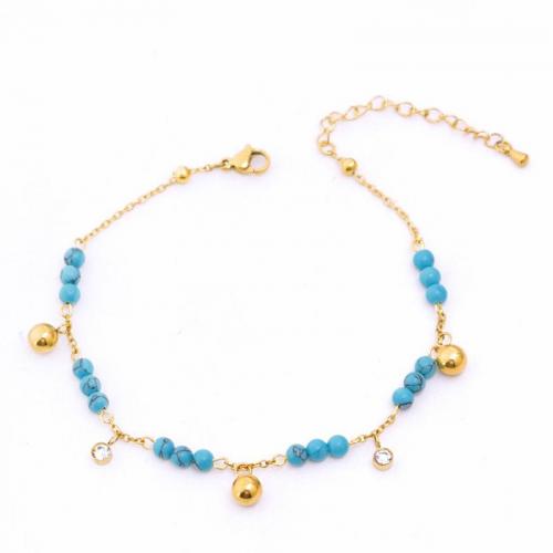 Fashion Jewelry Anklet, Titanium Steel, with turquoise, with 6cm extender chain, KC gold color plated, micro pave cubic zirconia & for woman Approx 21 cm 