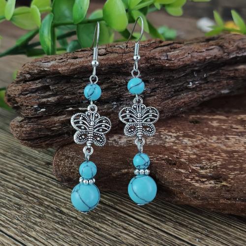 Turquoise Zinc Alloy Earring, with Natural Turquoise, Butterfly, antique silver color plated, vintage & fashion jewelry & for woman 