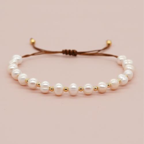 Cultured Freshwater Pearl Brass Bracelet, with Knot Cord & Brass, gold color plated, Adjustable & fashion jewelry & for woman, white Approx 28 cm 