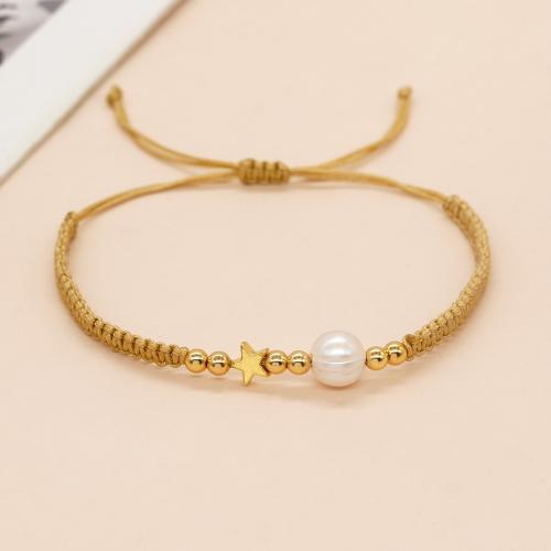Cultured Freshwater Pearl Brass Bracelet, with Knot Cord & Brass, gold color plated, Adjustable & fashion jewelry & for woman, white Approx 28 cm 