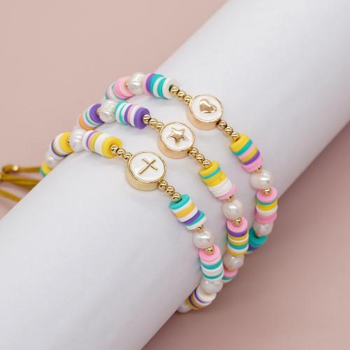 Cultured Freshwater Pearl Bracelets, Polymer Clay, with Knot Cord & Freshwater Pearl & Brass & Zinc Alloy, gold color plated, Adjustable & fashion jewelry & for woman & enamel Approx 28 cm 