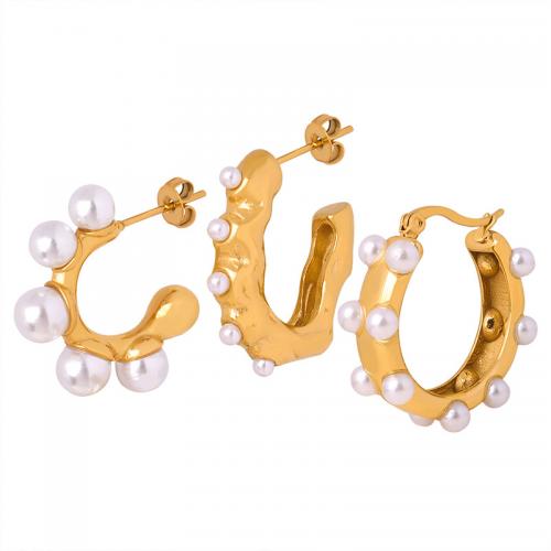 Titan Stahl Ohrringe, Titanstahl, mit Muschelkern, 18K vergoldet, Modeschmuck & verschiedene Stile für Wahl & für Frau, goldfarben, verkauft von Paar
