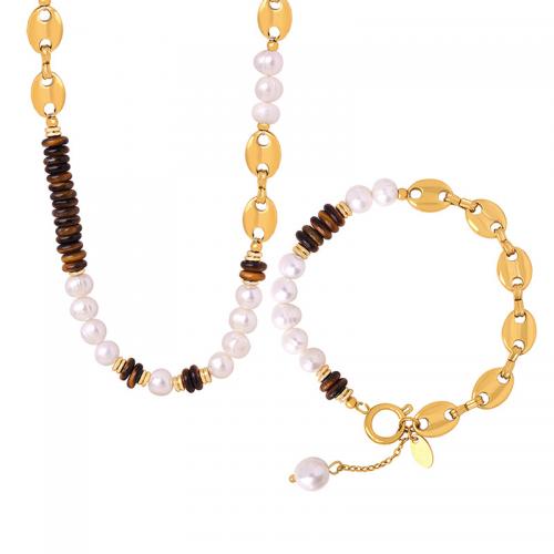 Titanium Steel Jewelry Set, with Tiger Eye & Freshwater Pearl, fashion jewelry & for woman, golden 