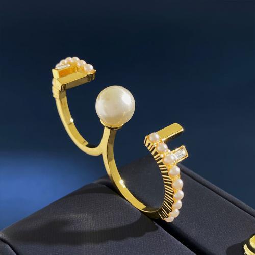 Brass Finger Ring, with Plastic Pearl, gold color plated, fashion jewelry & for woman, golden, inner diameter 20mm 
