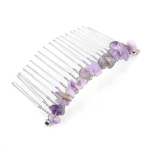 Decorative Hair Combs, Zinc Alloy, with Natural Stone, platinum color plated & for woman 