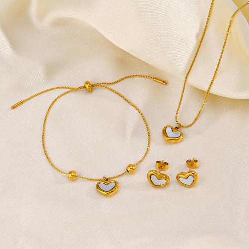 Fashion Stainless Steel Jewelry Sets, 304 Stainless Steel, with Shell, Heart, gold color plated & for woman 