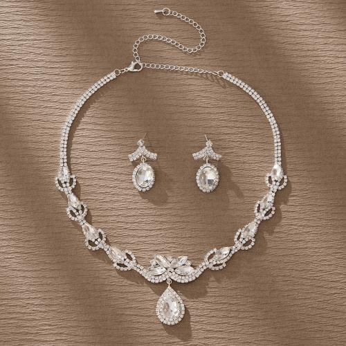 Rhinestone Zinc Alloy Jewelry Set, earring & necklace, silver color plated, for bridal & with rhinestone 
