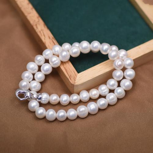 Collier de perles d'eau douce naturelles, perle d'eau douce cultivée, Légèrement rond, bijoux de mode, blanc, aboutuff1a9-10mm Environ 40 cm, Vendu par PC