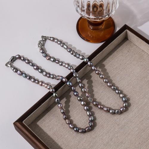 Collier de perles d'eau douce naturelles, perle d'eau douce cultivée, avec alliage de zinc, Baroque, bijoux de mode & avec strass, 8mm Environ 40 cm, Vendu par PC