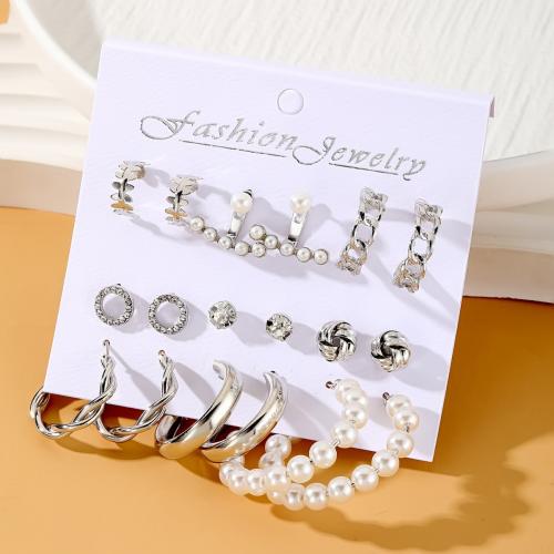 Plastic Pearl Zinc Alloy Earring, with Plastic Pearl, plated, nine pieces & fashion jewelry & with rhinestone 