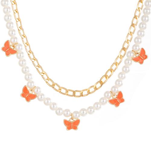 Mode-Multi-Layer-Halskette, Zinklegierung, mit Kunststoff Perlen, KC goldfarben plattiert, Doppelschicht & für Frau & Emaille, Länge:ca. 45 cm, verkauft von PC