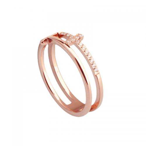 Titanium Steel Finger Ring, plated & micro pave cubic zirconia & for woman, rose gold color 