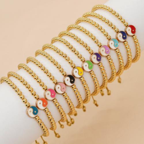 Enamel Brass Bracelets, with Knot Cord & Zinc Alloy, Flat Round, gold color plated, Adjustable & fashion jewelry & Unisex Approx 28 cm 