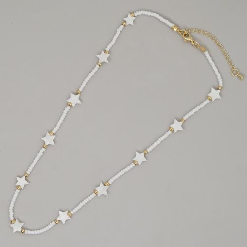 Petite perle en verre de collier 
, Seedbead, avec coquille & alliage de zinc, avec 5cm chaînes de rallonge, Placage de couleur d'or, bijoux de mode & styles différents pour le choix & pour femme & avec strass, plus de couleurs à choisir Environ 42 cm, Vendu par PC