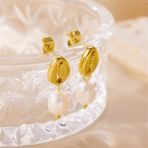 Süßwasser Perle Tropfen Ohrring, 304 Edelstahl, mit Natürliche kultivierte Süßwasserperlen, Vakuum-Ionen-Beschichtung, Modeschmuck & für Frau, Goldfarbe, 8x25mm, verkauft von Paar