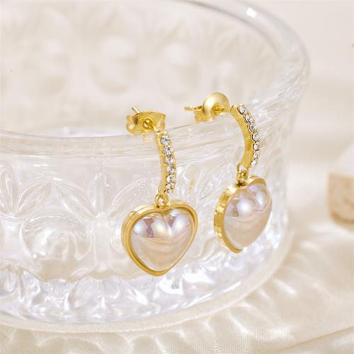 Stainless Steel Drop Earring, 304 Stainless Steel, with Plastic Pearl, Heart, Vacuum Ion Plating, fashion jewelry & for woman & with rhinestone, gold 
