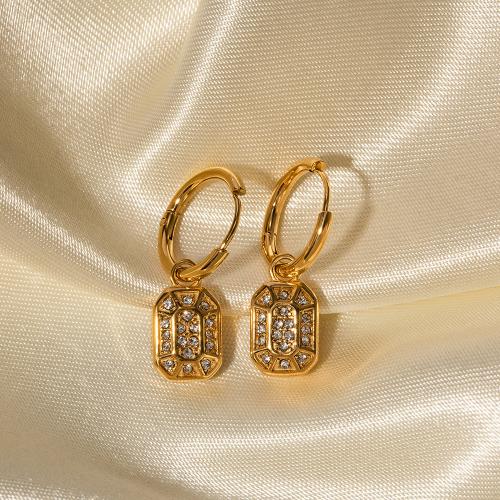 Huggie Hoop Drop Earring, 304 Stainless Steel, 18K gold plated, fashion jewelry & for woman & with rhinestone, golden 