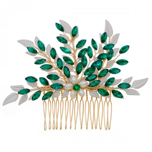Decorative Hair Combs, Zinc Alloy, Flower, gold color plated, for woman & with rhinestone, green 
