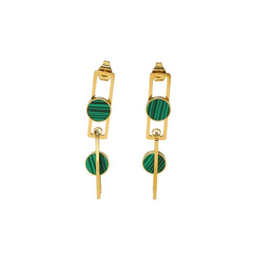 Stainless Steel Stud Earring, 304 Stainless Steel, with Malachite, 18K gold plated, fashion jewelry & for woman & hollow 