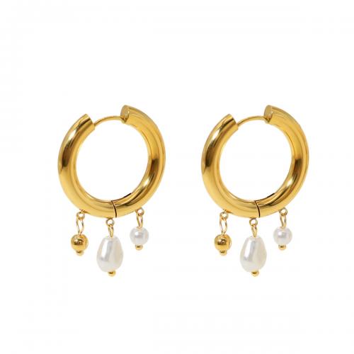 Titanium Steel Earrings, with Freshwater Pearl, 18K gold plated, fashion jewelry & for woman 