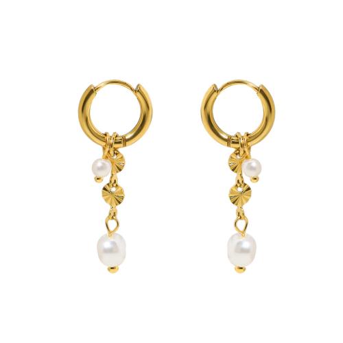 Titanium Steel Earrings, with Plastic Pearl, 18K gold plated, fashion jewelry & for woman 