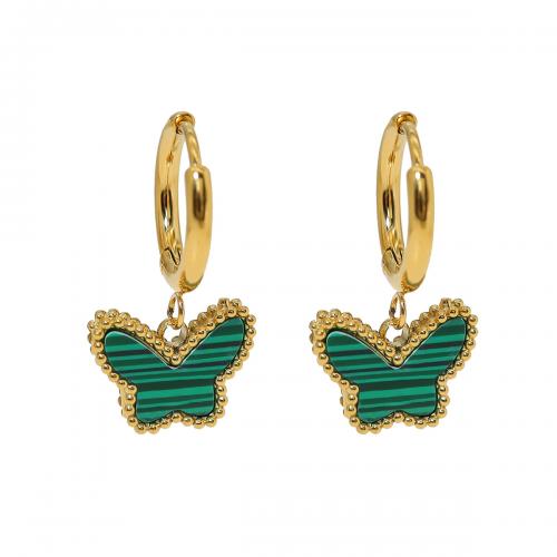 Titanium Steel Earrings, with Malachite, Butterfly, 18K gold plated, fashion jewelry & for woman 