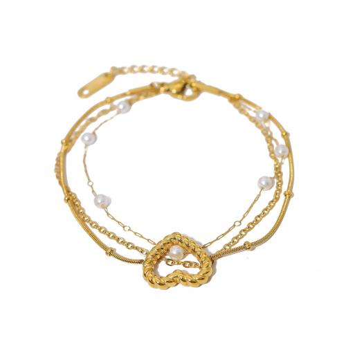 Titan Edelstahl Armband / Armreif, Titanstahl, mit Kunststoff Perlen, mit Verlängerungskettchen von 3cm, 18 K vergoldet, drei Schichten & Modeschmuck & für Frau, Länge:ca. 16 cm, verkauft von PC