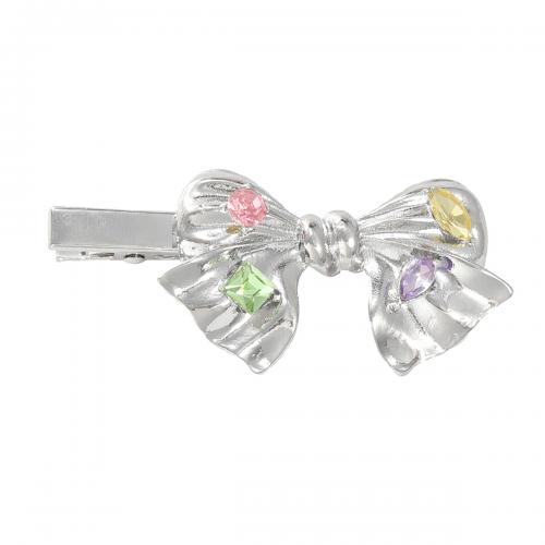Alligator Hair Clip, Zinc Alloy, Bowknot, for woman & with rhinestone, silver color 