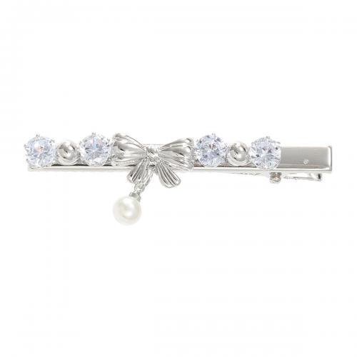 Alligator Hair Clip, Zinc Alloy, with Plastic Pearl, micro pave cubic zirconia & for woman, silver color 