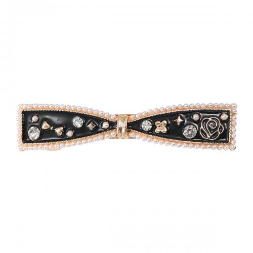 Hair Snap Clips, Zinc Alloy, with Plastic Pearl, Bowknot, for woman & enamel, black 