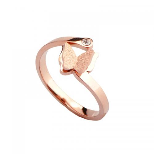 Titanium Steel Finger Ring, Butterfly, plated, micro pave cubic zirconia & for woman, rose gold color, US Ring 