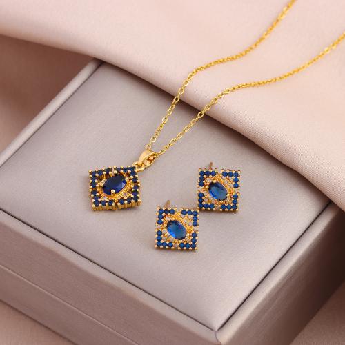 Brass Jewelry Set, with Crystal & 304 Stainless Steel, Vacuum Ion Plating, fashion jewelry & for woman & with rhinestone, blue Approx 45 cm 