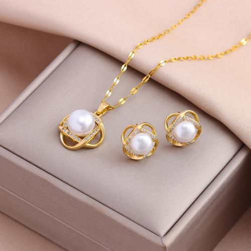 Brass Jewelry Set, with Plastic Pearl & 304 Stainless Steel, Vacuum Ion Plating, fashion jewelry & for woman & with rhinestone Approx 45 cm 