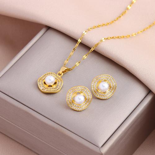 Brass Jewelry Set, with Plastic Pearl, Vacuum Ion Plating, fashion jewelry & for woman & with rhinestone Approx 45 cm 