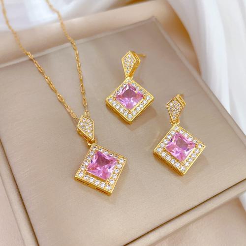 Titanium Steel Jewelry Set, with Brass, Rhombus, real gold plated & micro pave cubic zirconia & for woman 