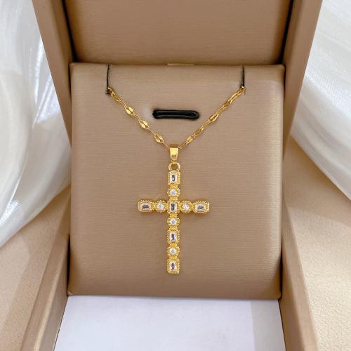 laiton collier, avec Acier titane, avec 2inch chaînes de rallonge, croix, Plaqué d'or, pavé de micro zircon & pour femme Environ 15.7 pouce, Vendu par PC