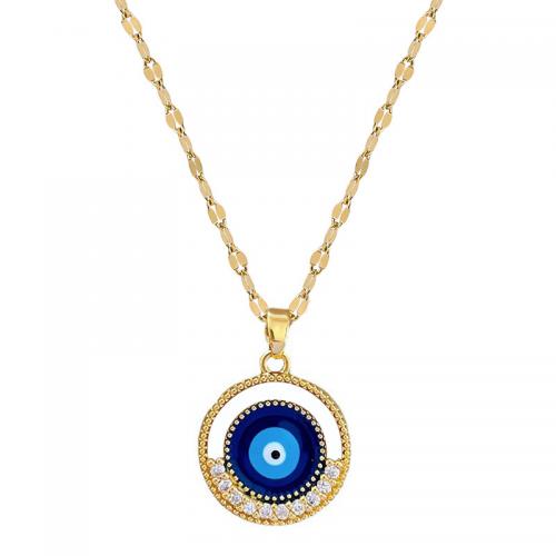 Brass Necklace, with Titanium Steel, with 2inch extender chain, Evil Eye, real gold plated, for woman & enamel & with rhinestone & hollow Approx 15.7 Inch 