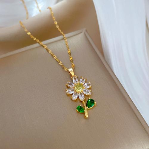 Brass Necklace, with Titanium Steel, with 2inch extender chain, Flower, real gold plated, micro pave cubic zirconia & for woman Approx 15.7 Inch 