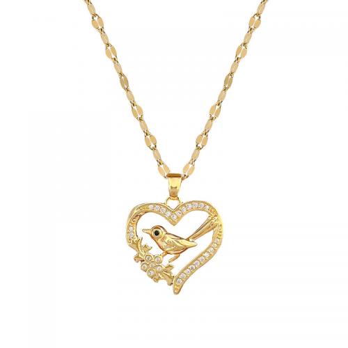 Brass Necklace, with Titanium Steel, with 2inch extender chain, Heart, real gold plated, for woman & with rhinestone & hollow Approx 15.7 Inch 