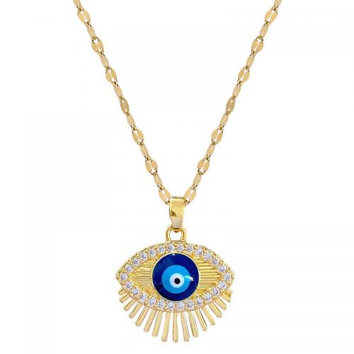Brass Necklace, with Titanium Steel, with 2inch extender chain, Evil Eye, real gold plated, for woman & enamel & with rhinestone Approx 15.7 Inch 