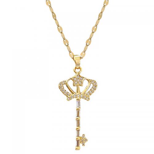 Messing Halskette, mit Titanstahl, mit Verlängerungskettchen von 2inch, Schlüssel, vergoldet, Micro pave Zirkonia & für Frau & hohl, Länge:ca. 15.7 ZollInch, verkauft von PC