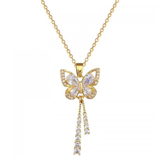 Brass Necklace, with Titanium Steel, with 2inch extender chain, Butterfly, real gold plated, micro pave cubic zirconia & for woman & hollow Approx 15.7 Inch 