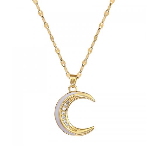Brass Necklace, with Titanium Steel, with 2inch extender chain, Moon, real gold plated, for woman & enamel & with rhinestone Approx 15.7 Inch 